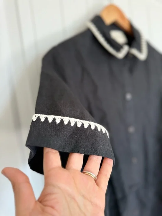 Sézane Black Linen Crochet Trim Button Up Blouse Top Size 36 US 4 - Picture 3 of 8